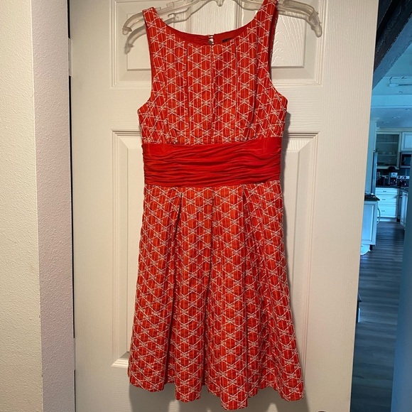 Tracy Reese Ablaze Fit & Flare Cumberbund Dress Orange Red Zipper Sleeveless 4 - Picture 12 of 14